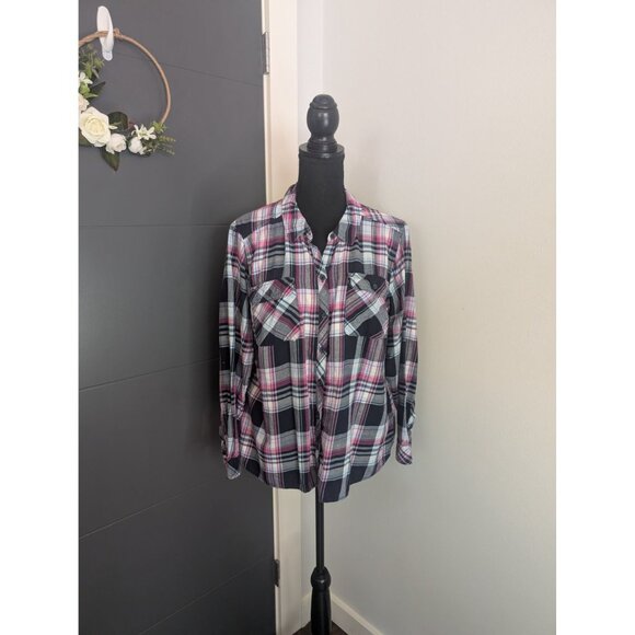 croft & barrow Tops - Women's Croft & Barrow The Extra Soft Plaid Flannel Shirt Pink Purple Navy - PXL